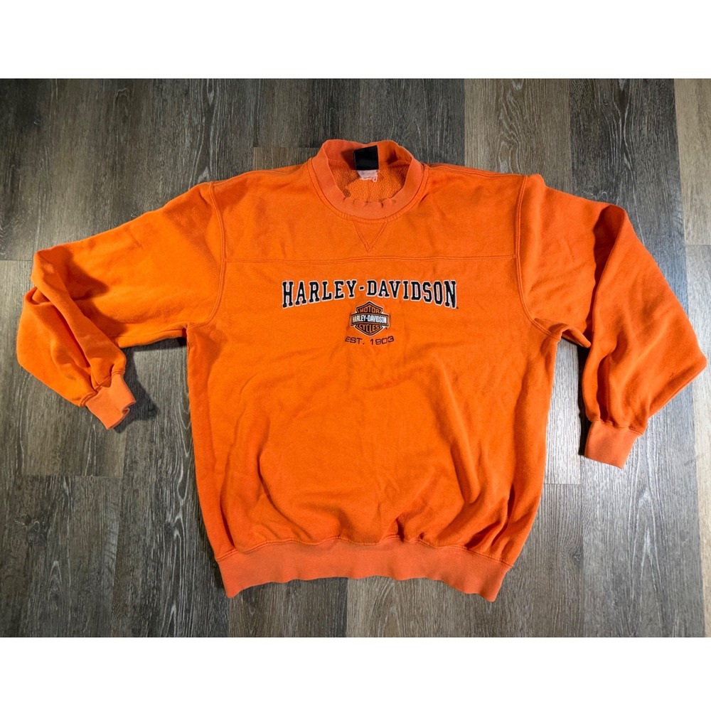 Harley-Davidson Sweatshirt Mens XL Orange Embroidered Logo Crewneck Vintage